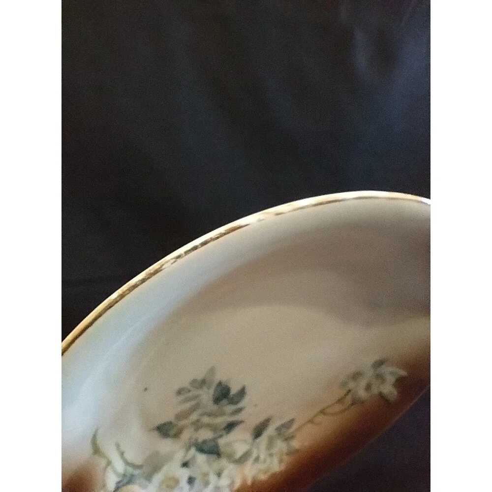 PV Vessra Germany Porcelain Sauce Dish with Underplate Painted Flowers Gold Rim